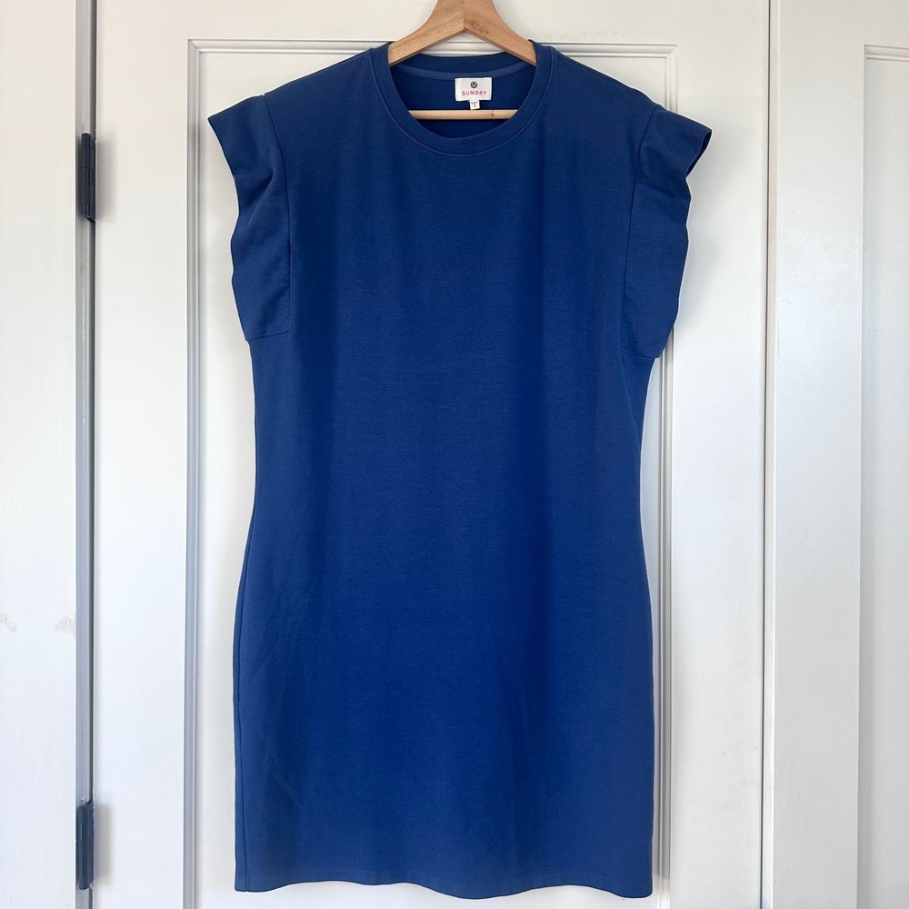Sundry Blue Ruffle Sleeve Cotton Modal Mini T-Shirt Dress Size 3 L Made in USA